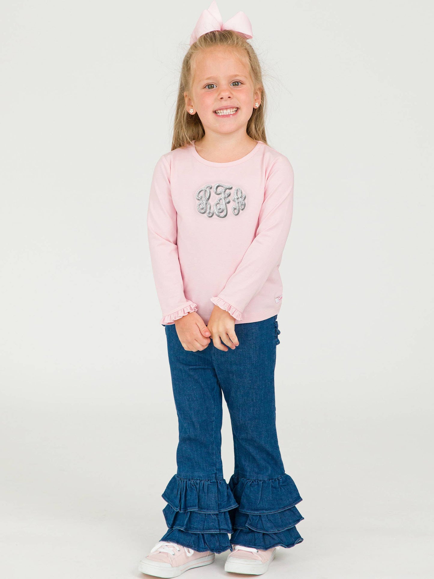 Toddler Girls Medium Wash Denim Ruffle Flare Pants with Signature Rear Ruffles