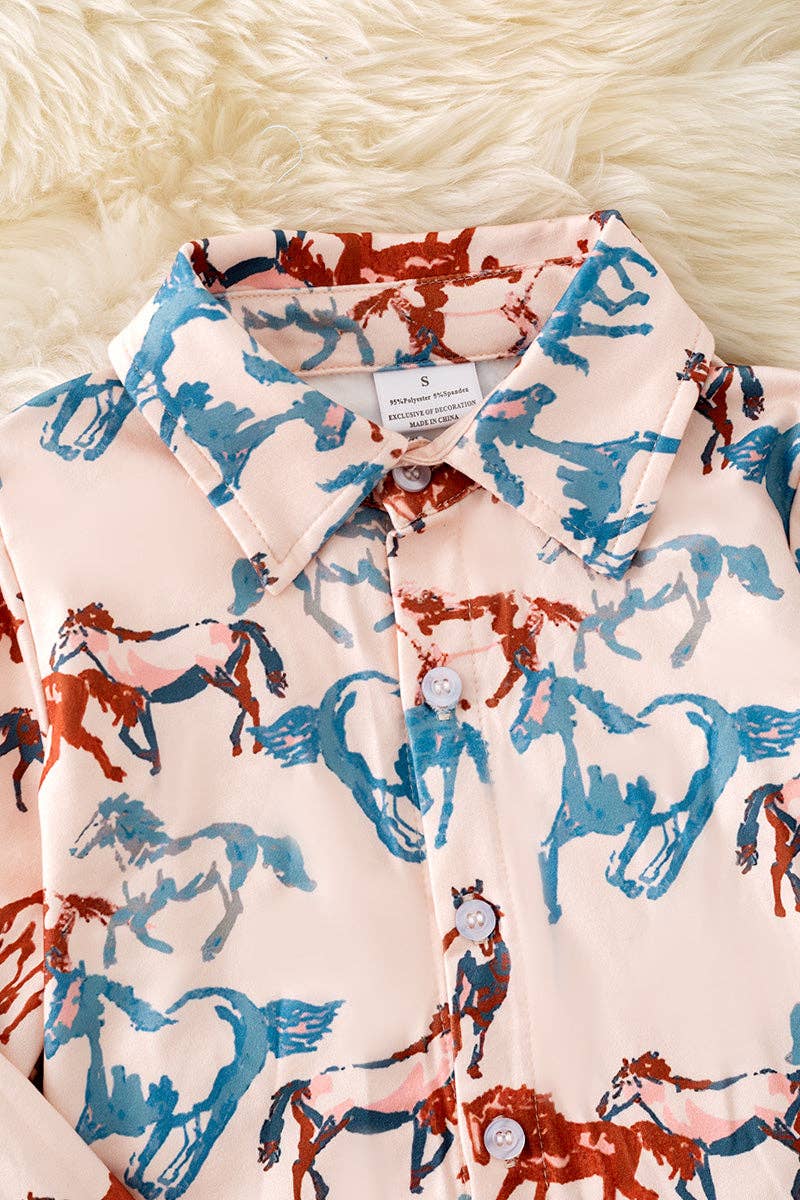 (Western) Horse printed on cream long sleeve button up shirt. TPB50365 Jean