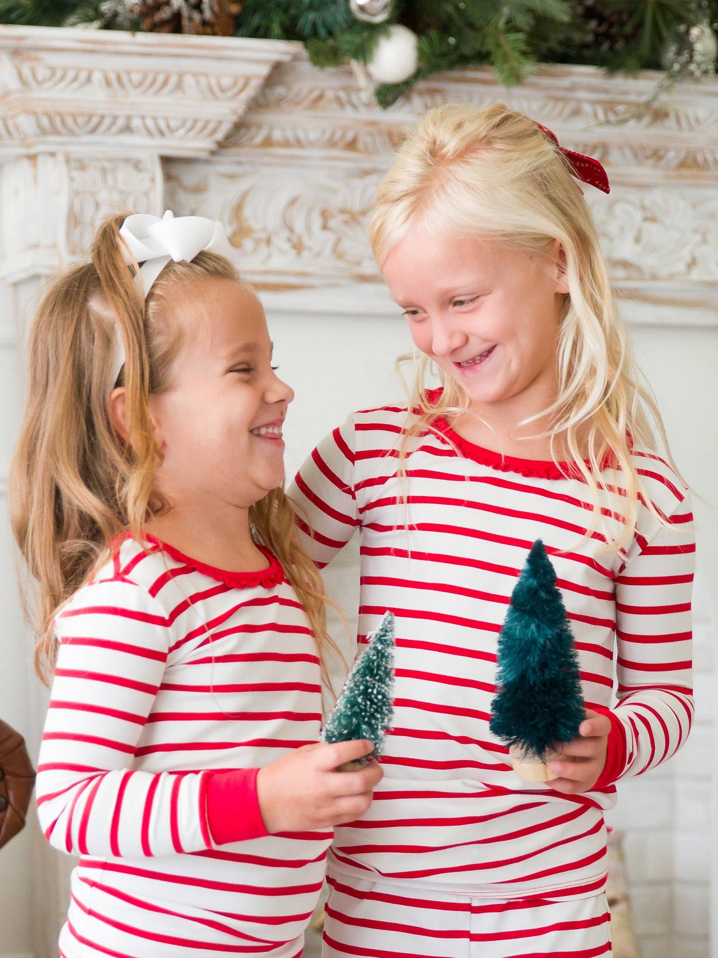 SoftSnooze™ Girls Cotton Modal Red & White Stripe Ruffle Long Sleeve Pajama Set