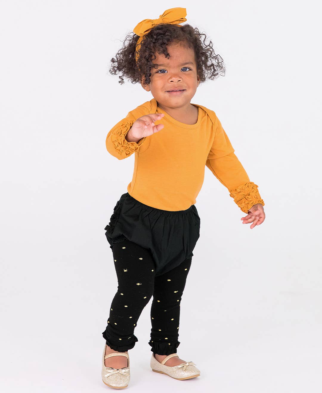 Girls Black and Gold Polka Dots Patterned Footless Ruffle Tights