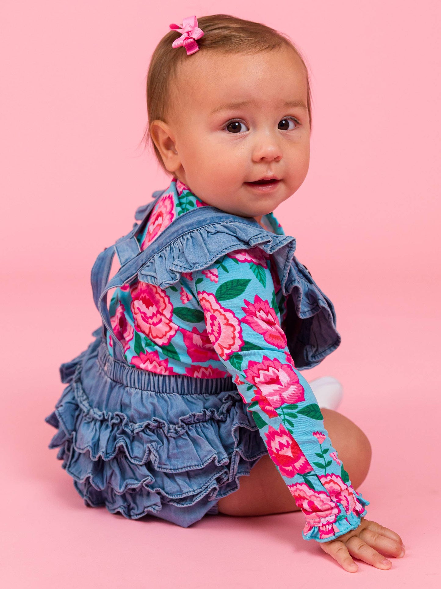 Baby Girls Light Wash Denim Woven Flutter Overall Romper