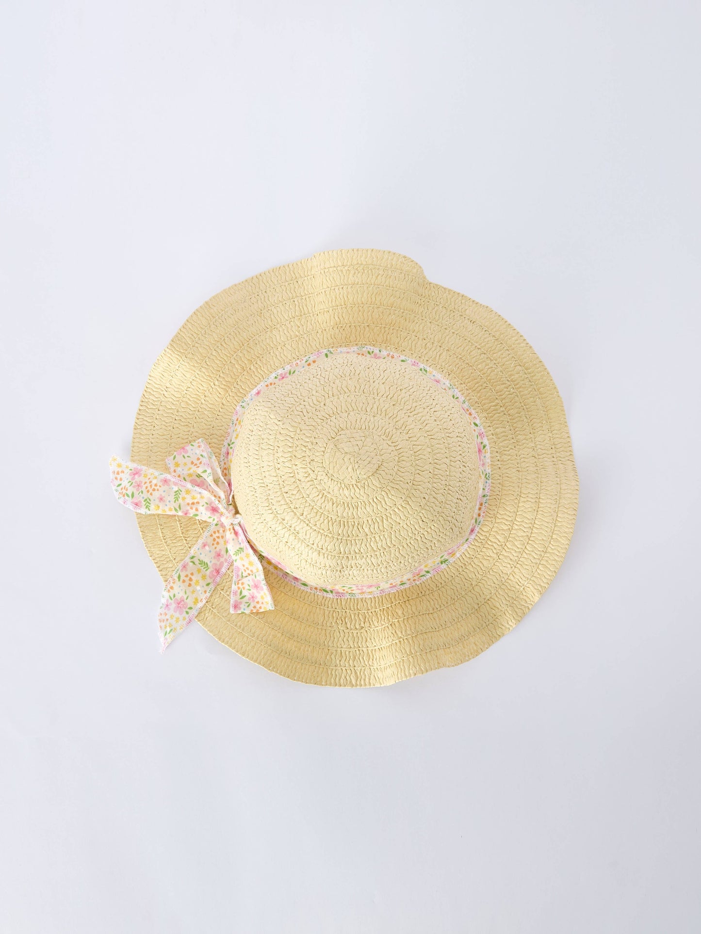 Spring Floral Girls Ruffle Dress With Bow Straw Hat Set