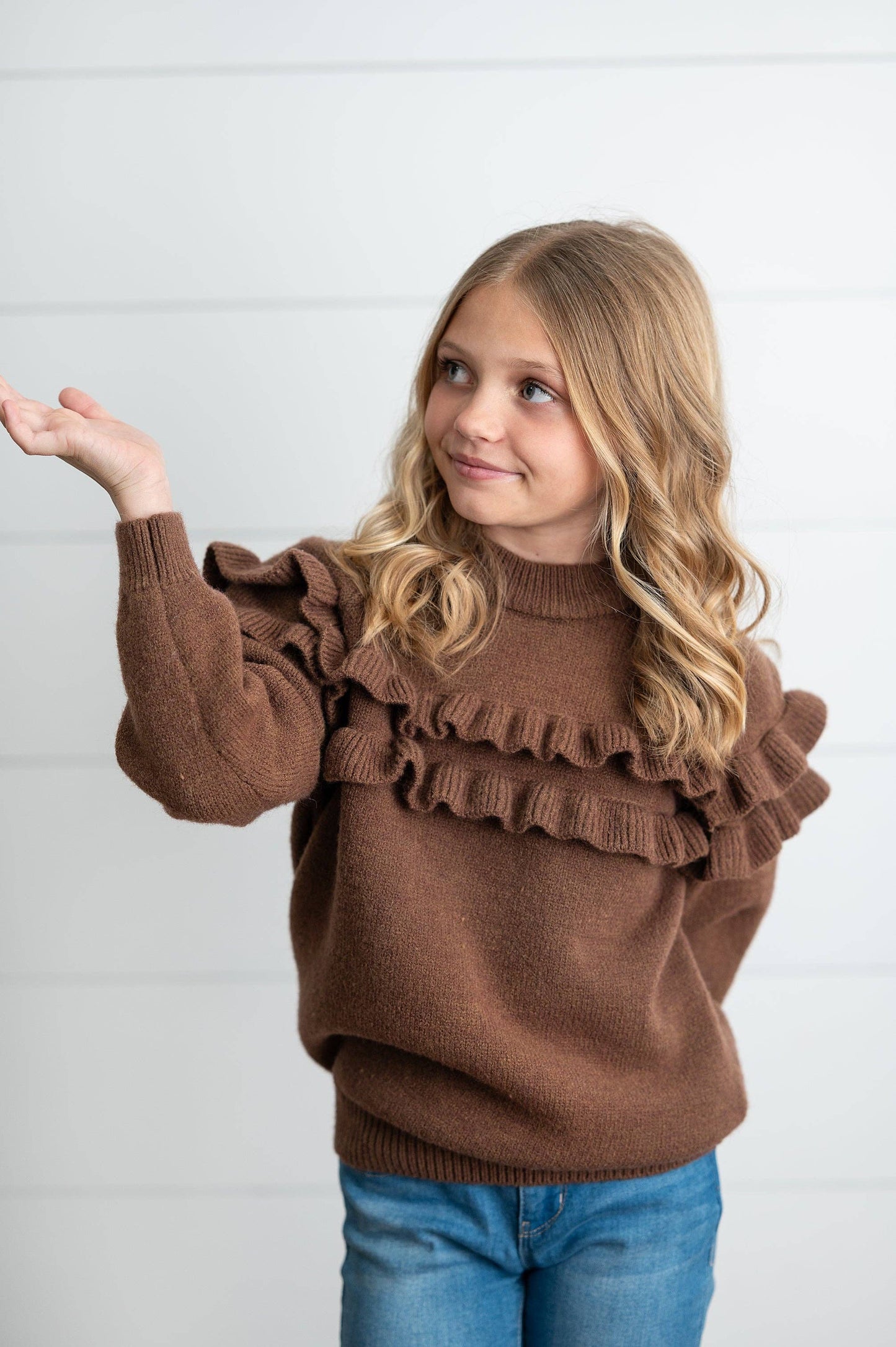 Kids Chocolate Double Ruffle Crew Neck Fall Winter Sweater