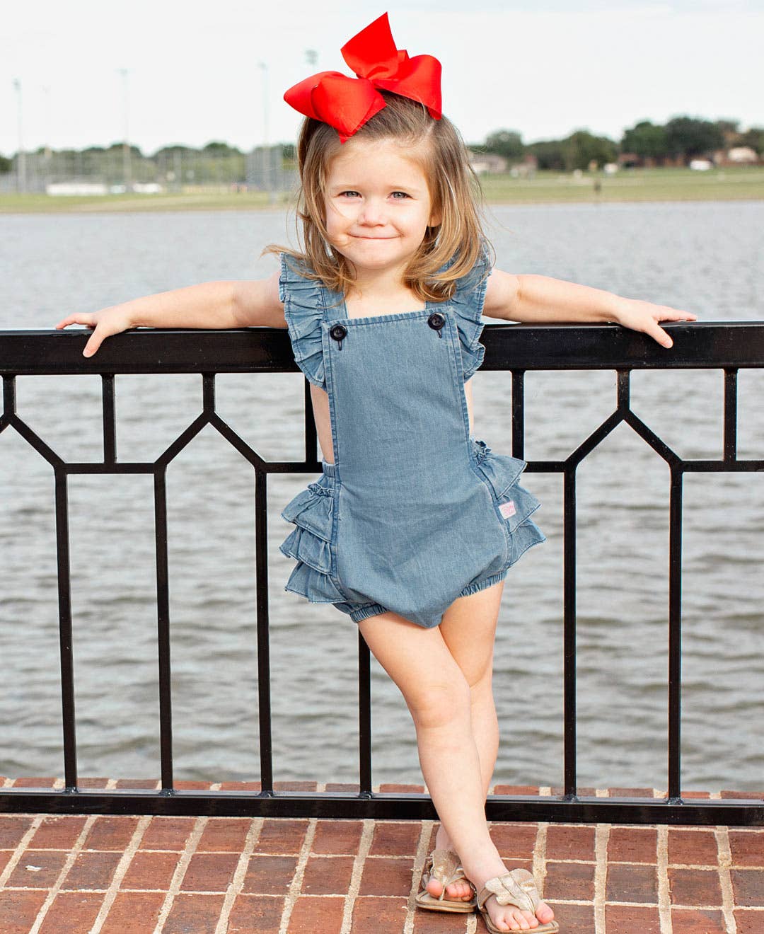 Baby Girls Light Wash Denim Woven Flutter Overall Romper