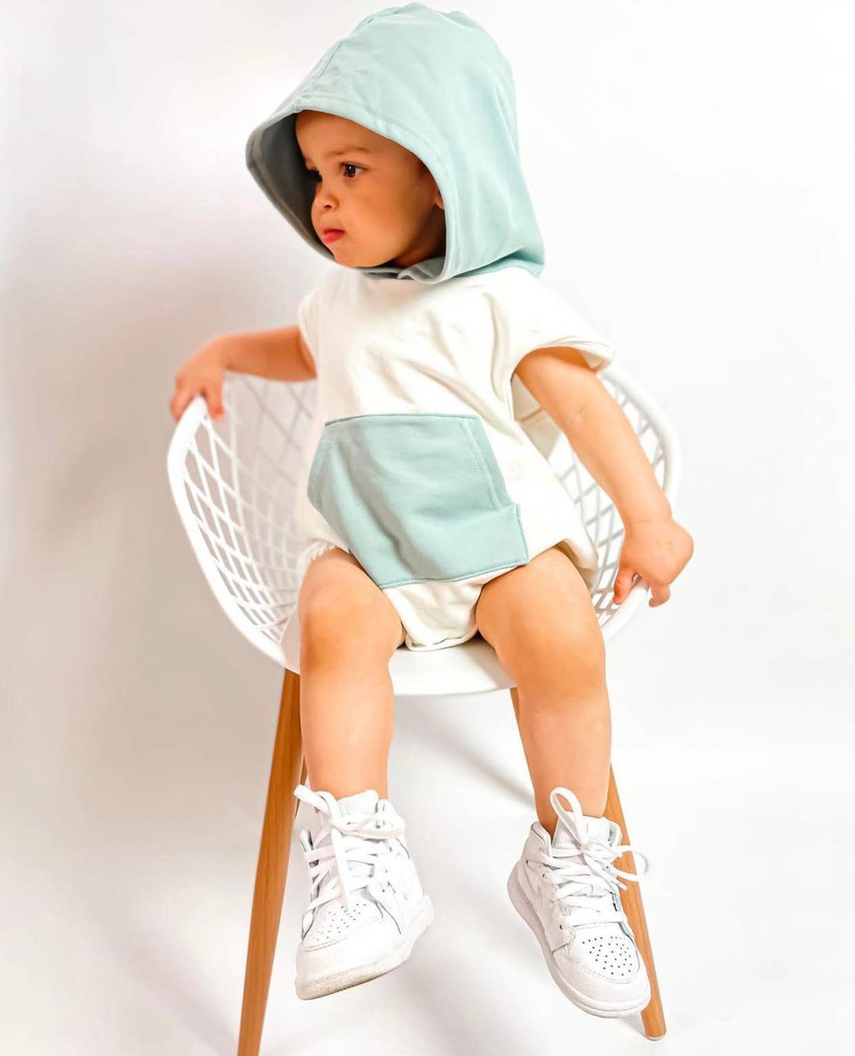 CLEARANCE Boy Romper Hooded Pocket-Cream with Seafoam Pocket
