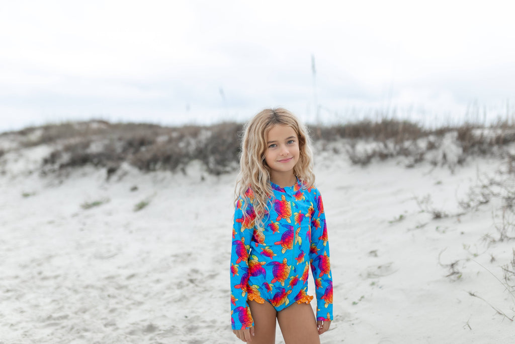 Kids Blue Rainbow Turtle Zip Rash Guard One Piece Swimsuit