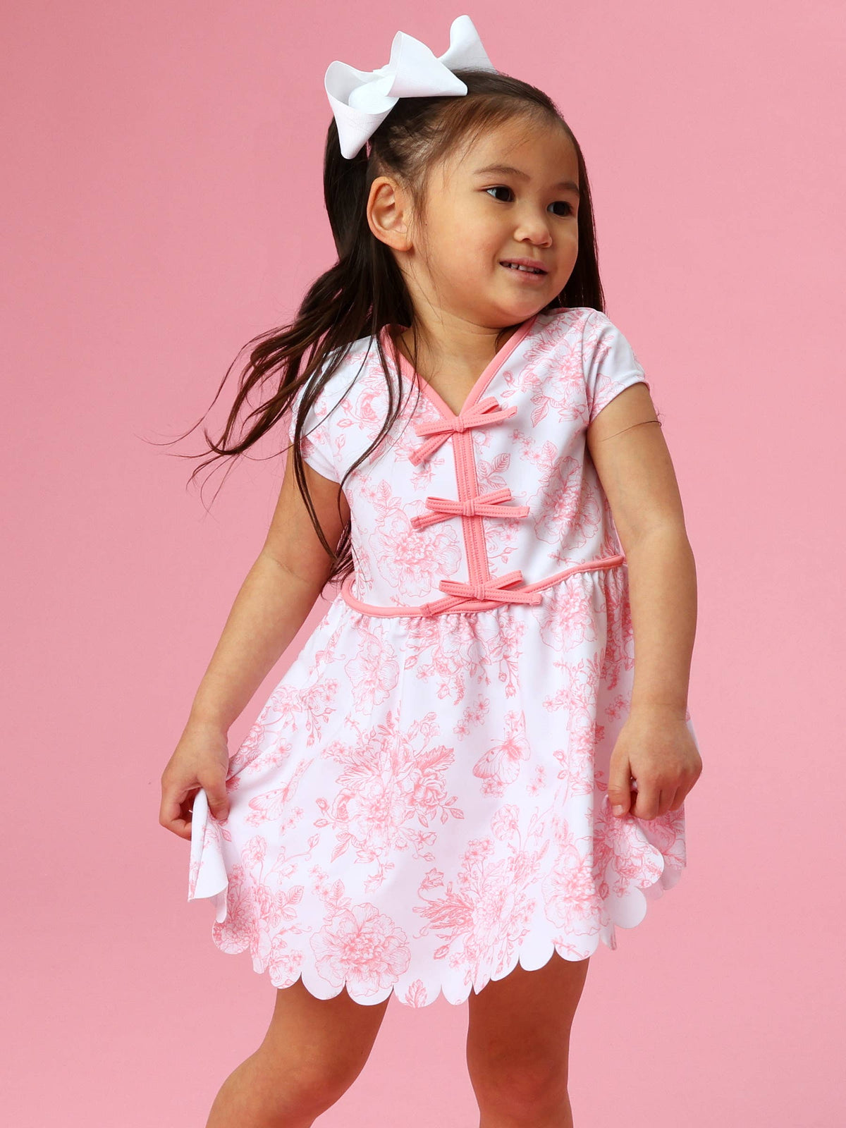 Girls Bubblegum Pink Butterfly Garden Toile Active Short Sleeve Bow Dress & Bike Short Set