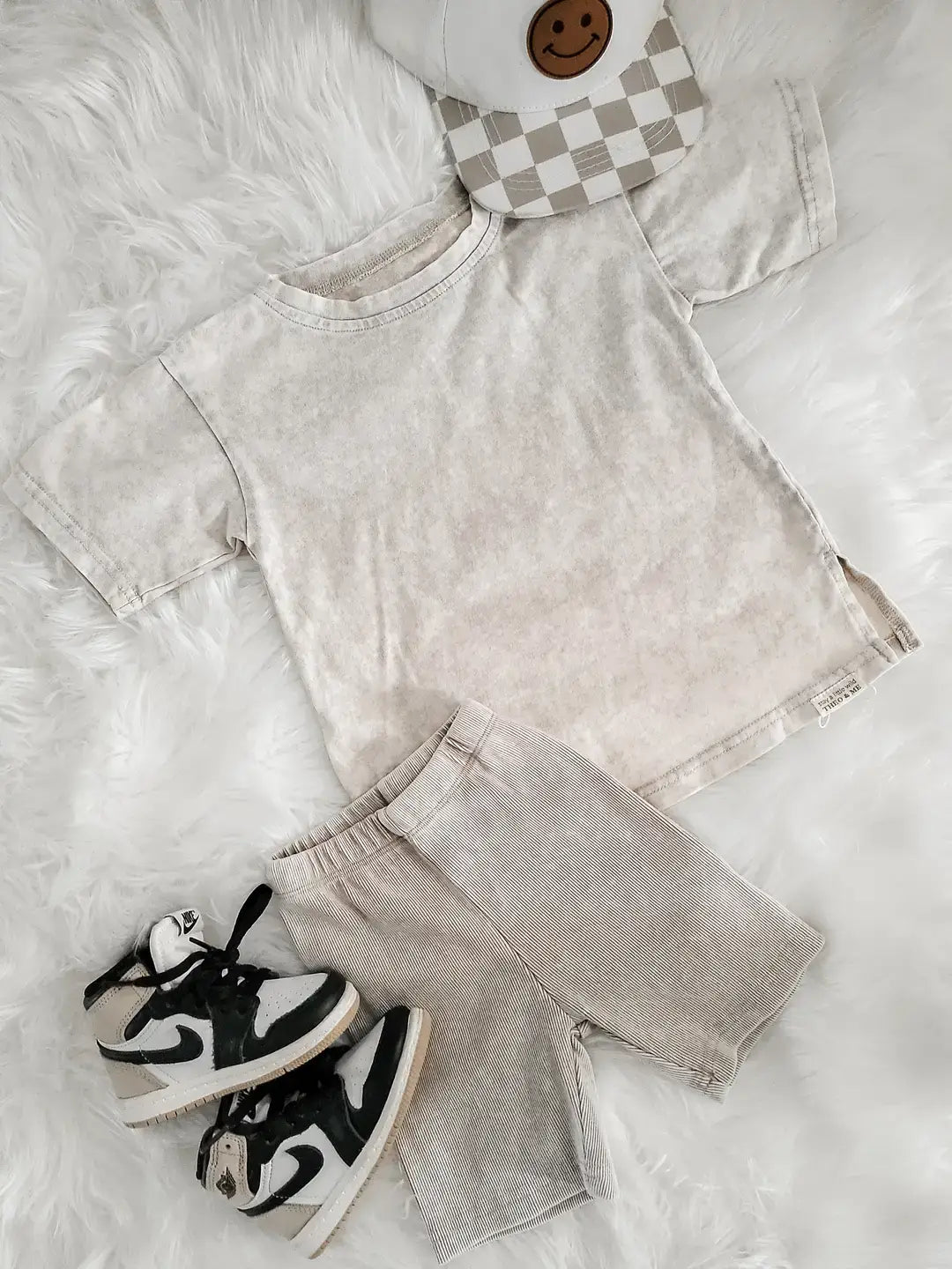 Spring 2 PC Set - Tan Acid Wash Shirt Rib Biker Shorts