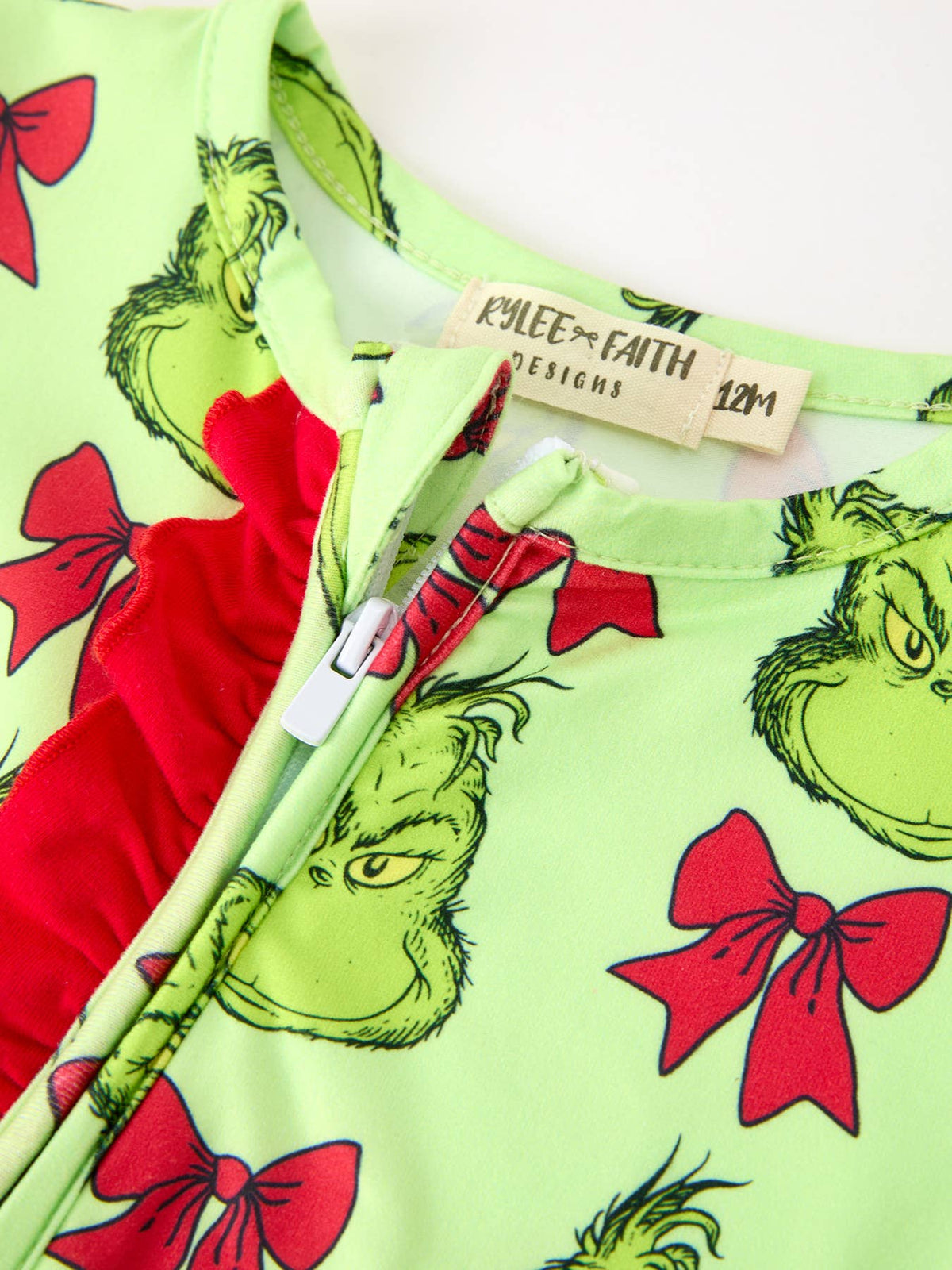 Baby Girls Green Holiday Bow Ruffle Footed Sleeper