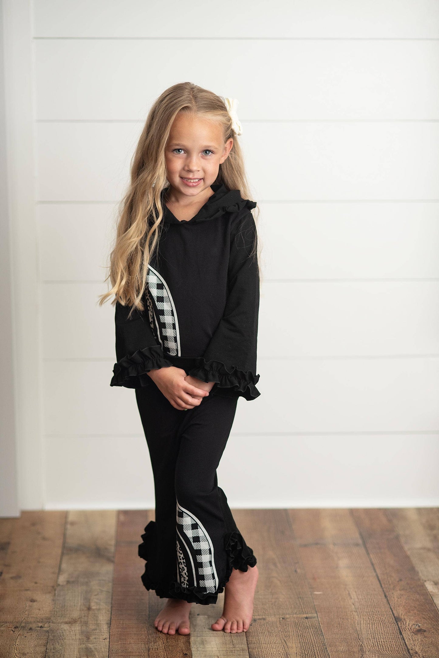 Kids Black & White Rainbow Check Hooded Ruffle Pocket Set