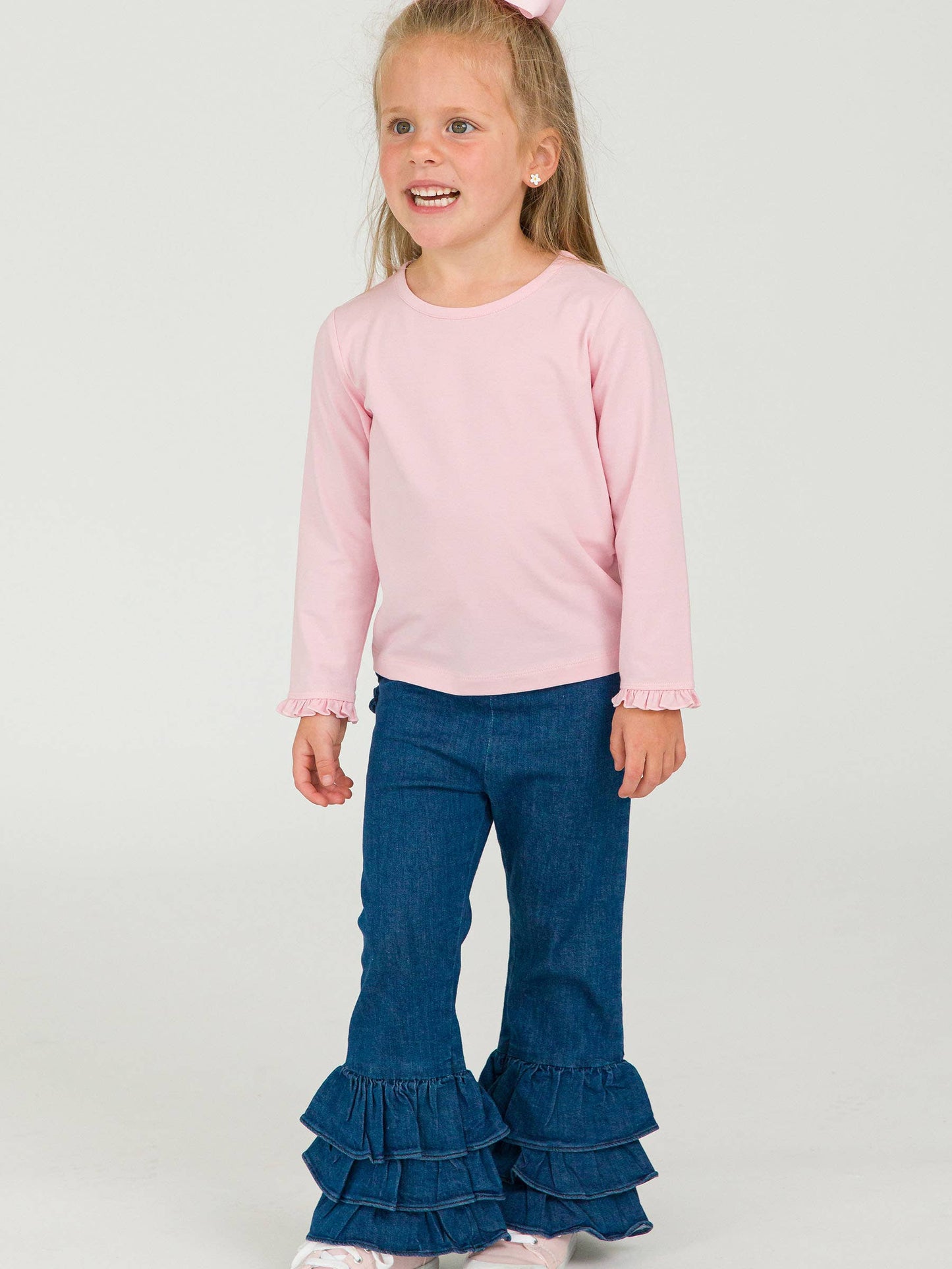 Toddler Girls Medium Wash Denim Ruffle Flare Pants with Signature Rear Ruffles