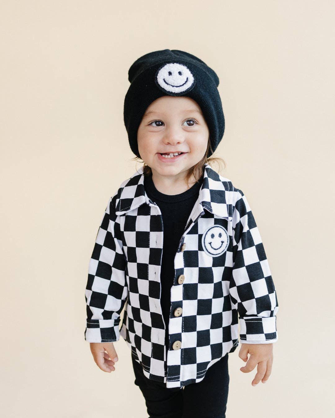 Baby & Kids Cotton Shacket| Smiley Checkered Black