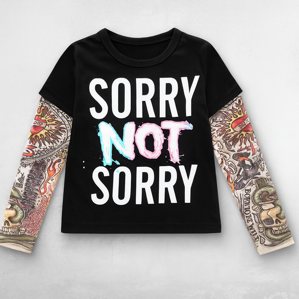 Black “SORRY NOT SORRY” Tattoo Sleeve Unisex Kids T-Shirt