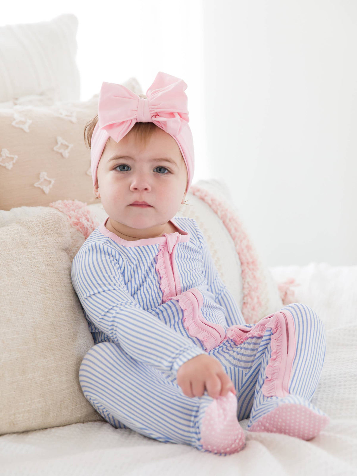 SoftSnooze™ Baby Girls Bamboo Viscose Periwinkle & White Micro Stripe Footed Ruffle One Piece Pajama