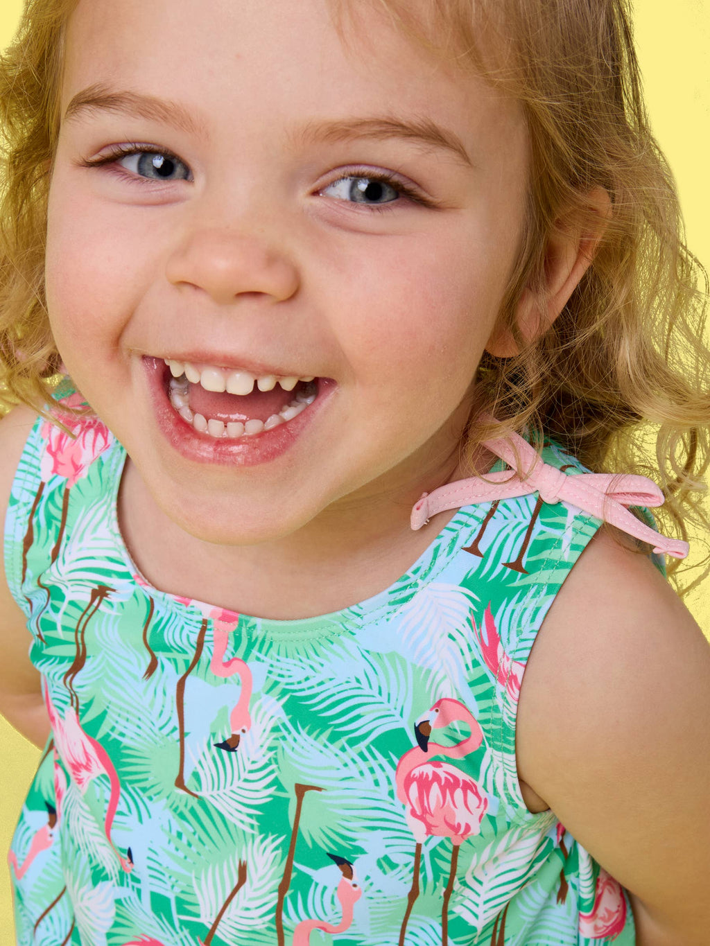 Girls Green Vibrant Flamingo Active A-Line Bow Dress & Bike Short Set
