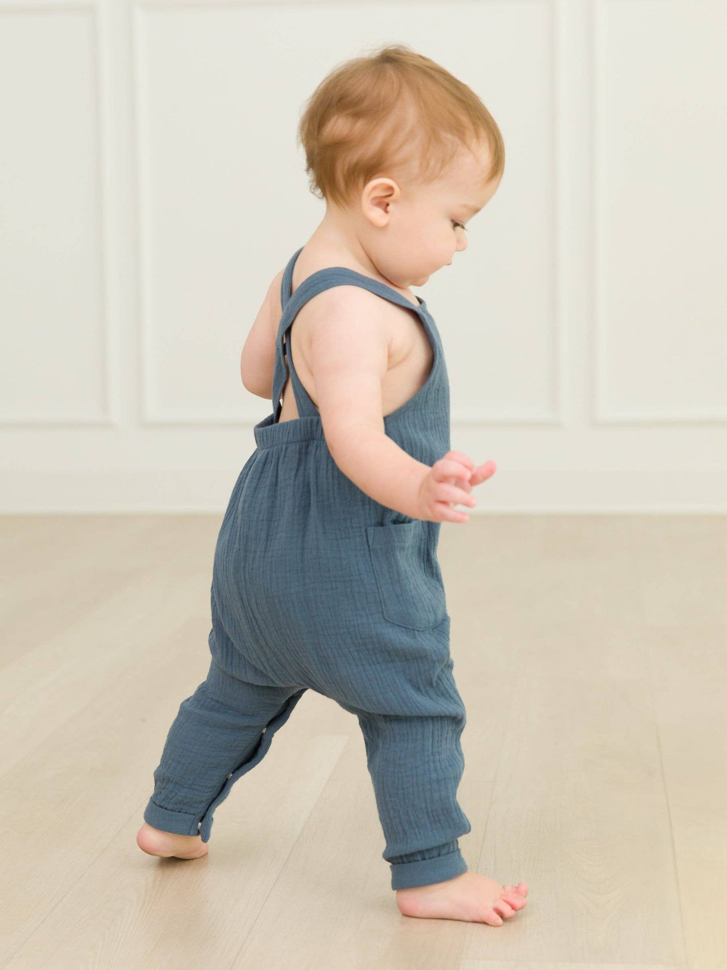 Baby Boys Steel Blue Cotton Gauze Overall Jumpsuit