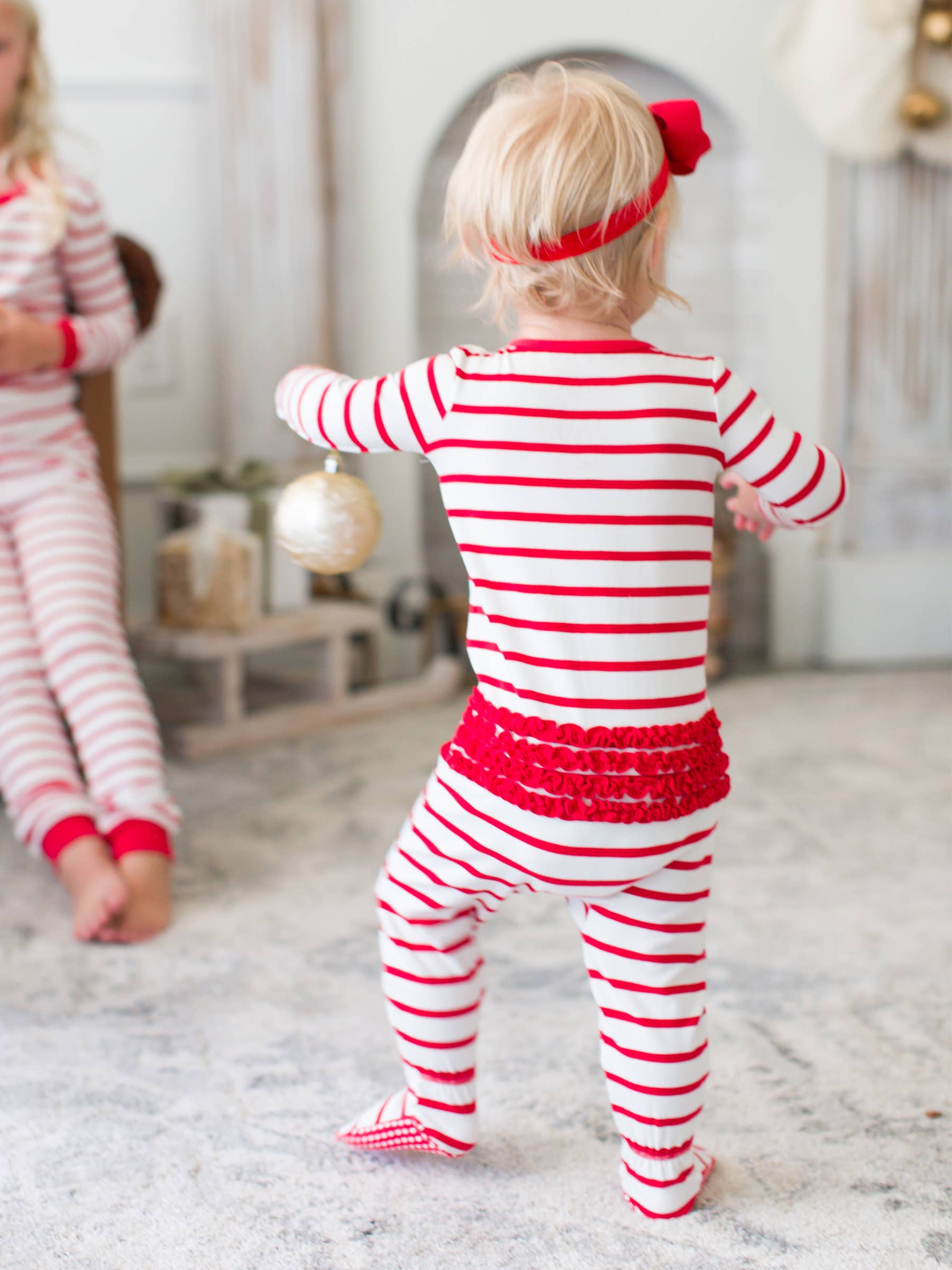 SoftSnooze™ Baby Girls Cotton Modal Red & White Stripe Footed Ruffle One Piece Pajama