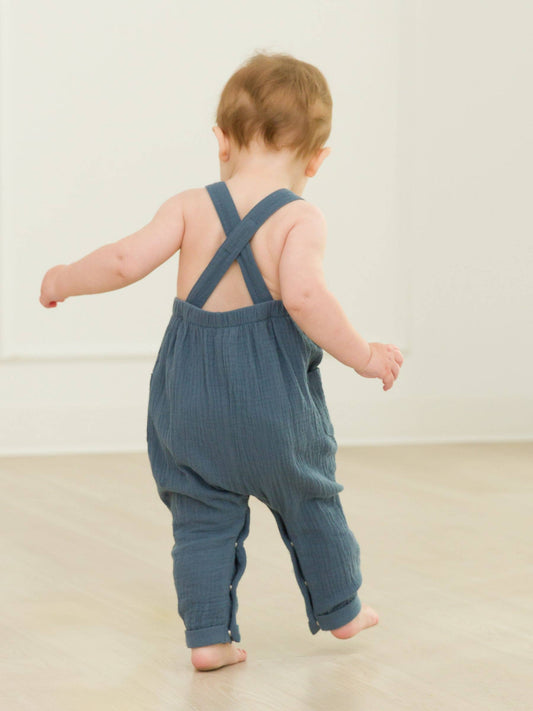 Baby Boys Steel Blue Cotton Gauze Overall Jumpsuit