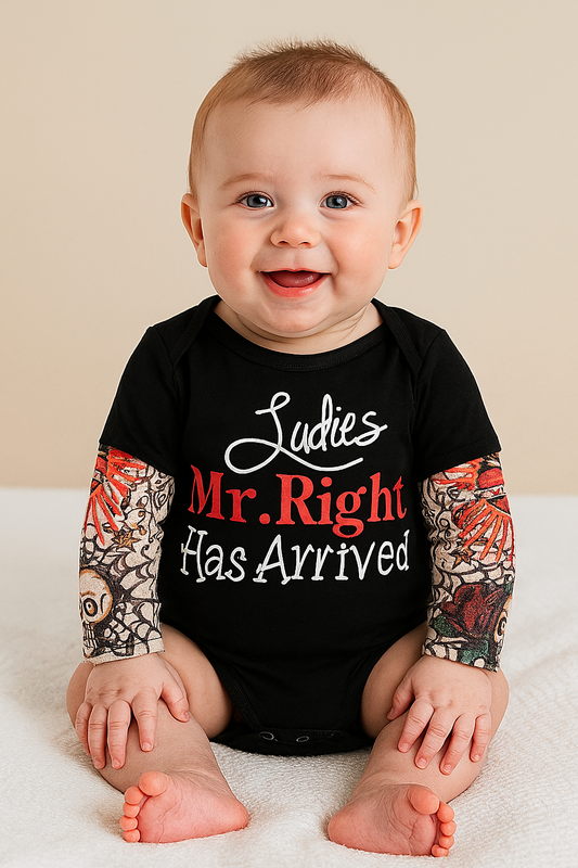 Ladies Mr. Right Has Arrived Tattoo Sleeve Baby Romper