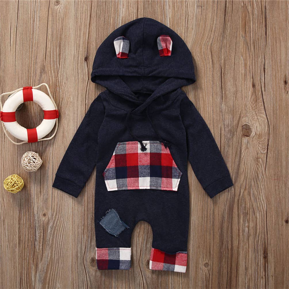 Navy Plaid Front Pocket Baby Hooded Romper