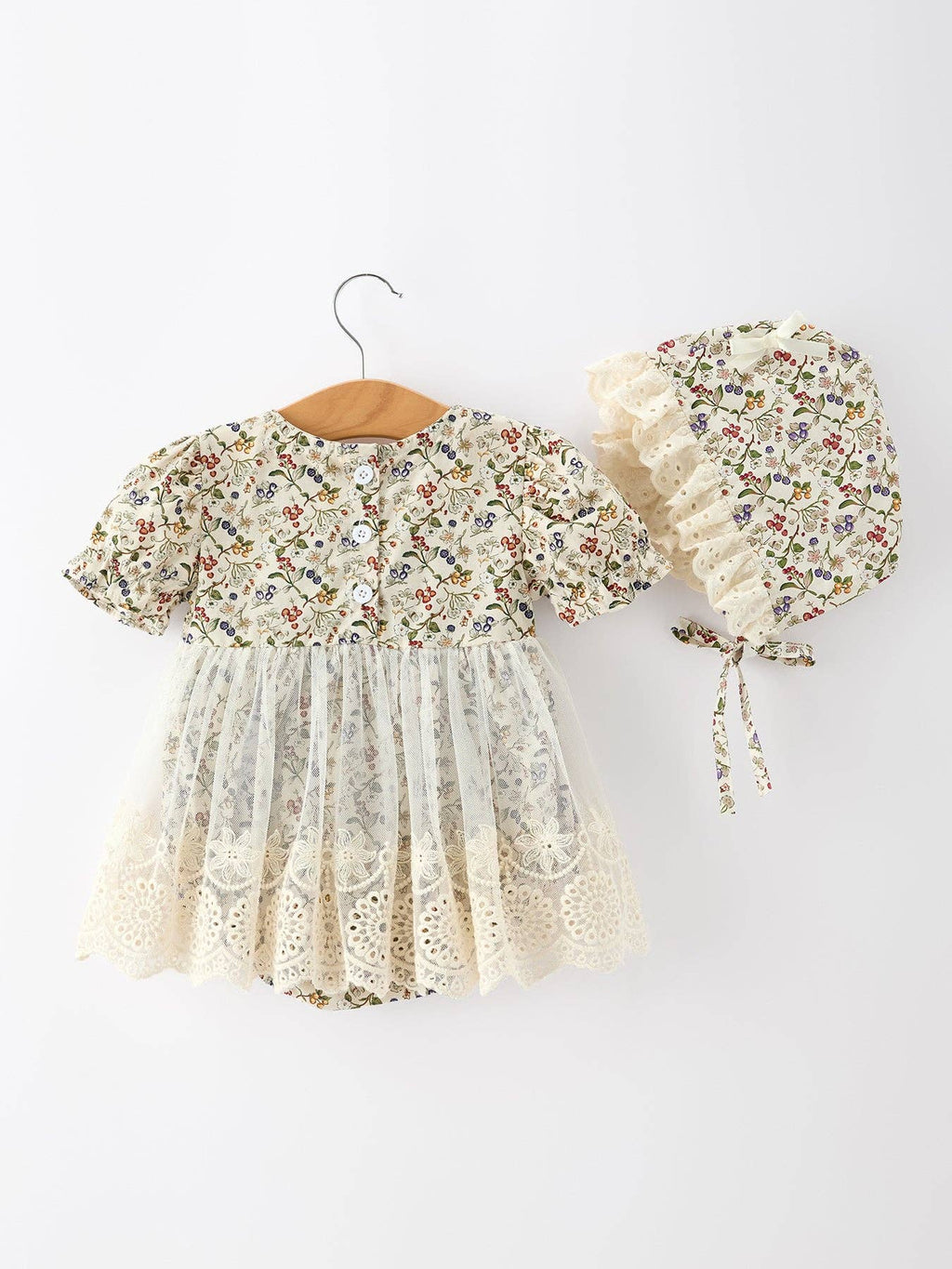 Floral Lace Baby Girl Romper With Bow Ruffle And Hat