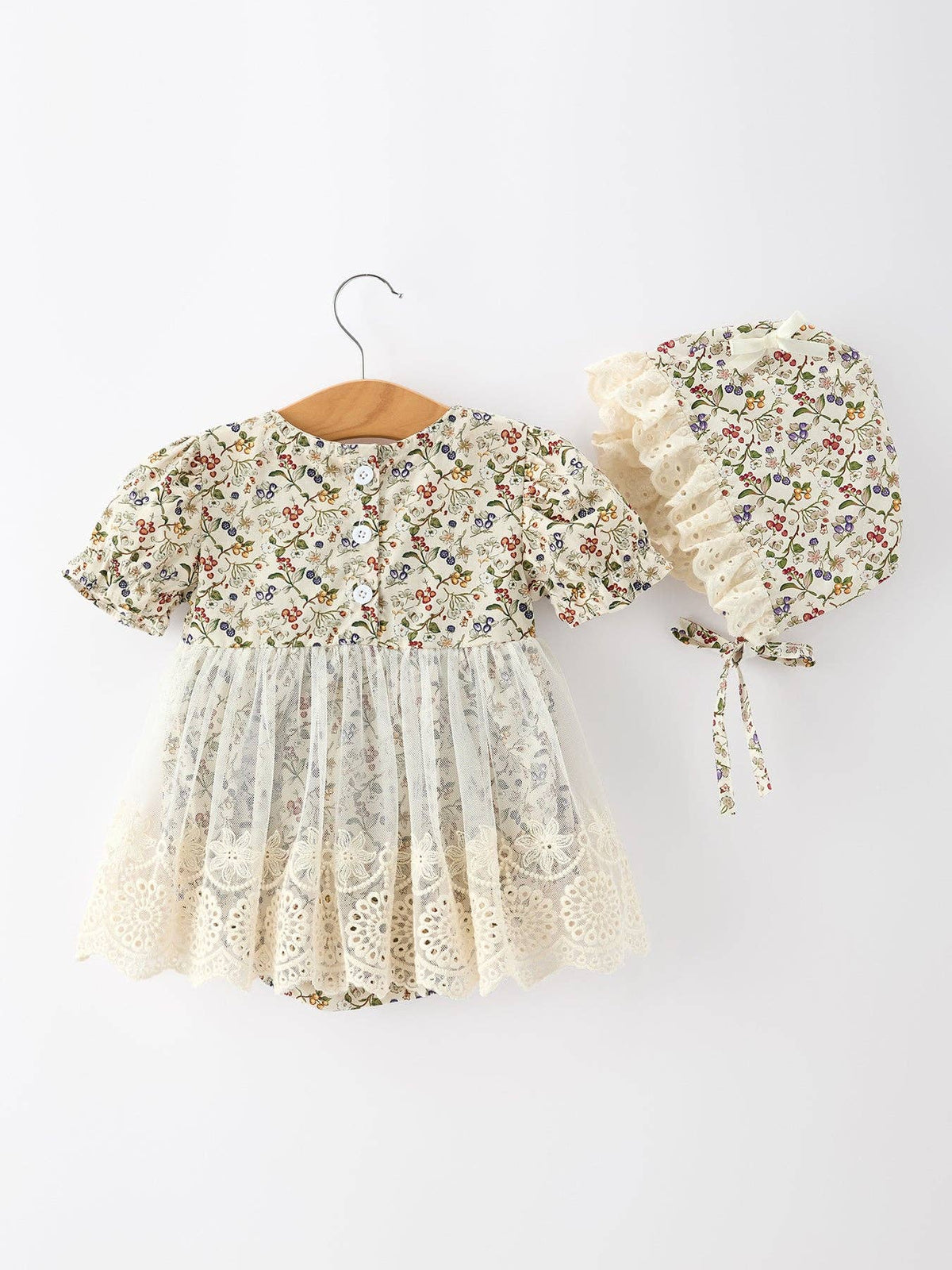 Floral Lace Baby Girl Romper With Bow Ruffle And Hat