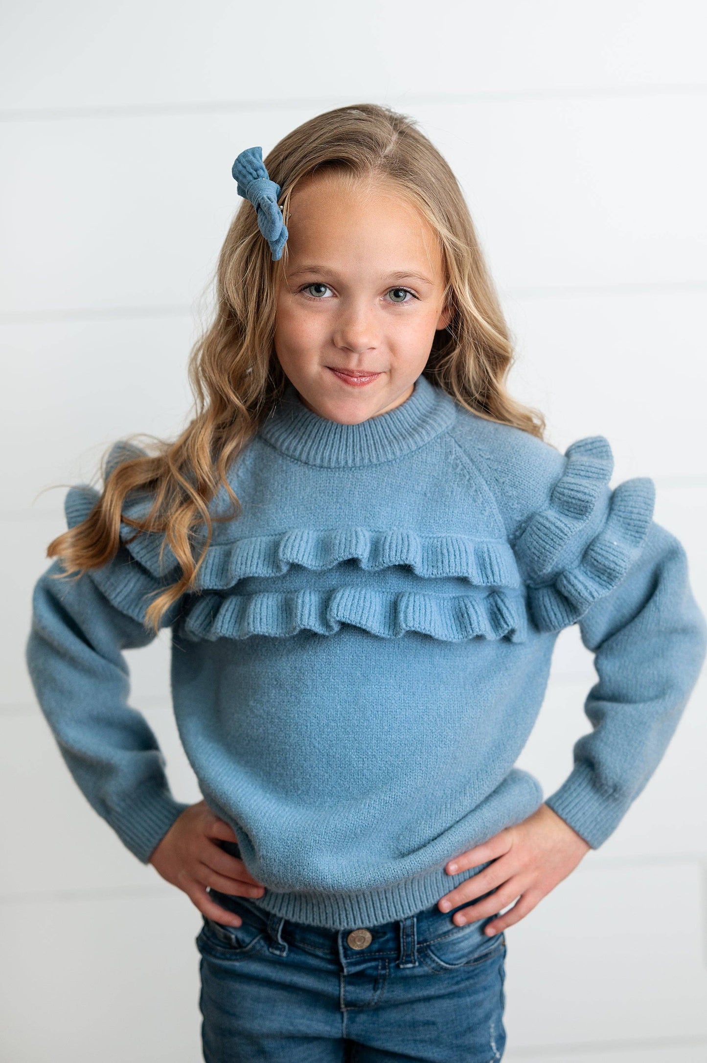 Kids Dusty Blue Double Ruffle Crew Neck Fall Winter Sweater