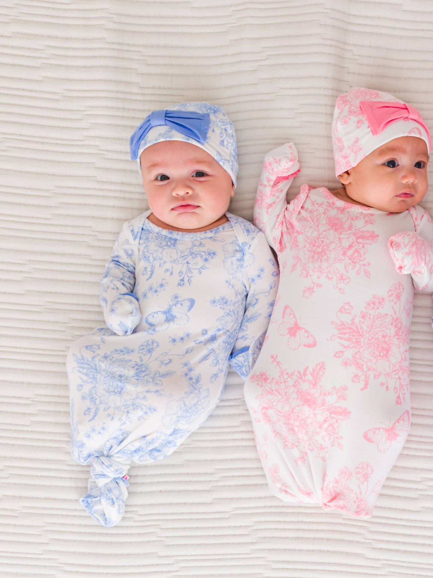 SoftSnooze™ Baby Girls Bamboo Viscose Periwinkle Butterfly Garden Ruffle Knotted Sleep Gown & Bow Hat Set
