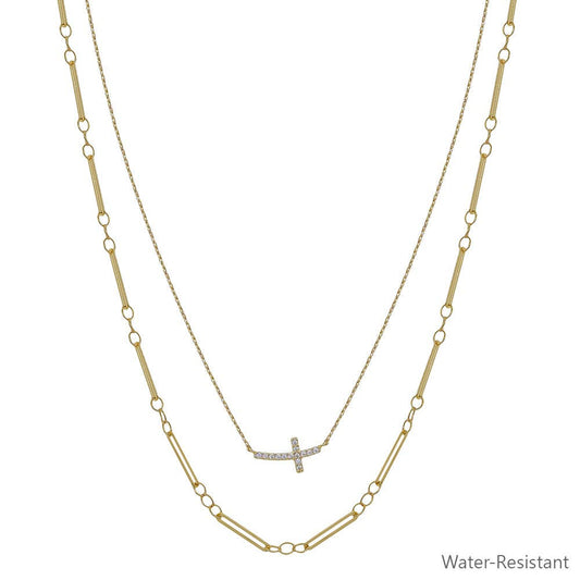 Water Resistant Rhinestone Cross with Thin Gold Chain Layered 16"-18" Necklace