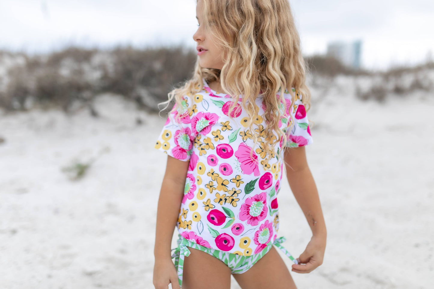 Kids Green, Mustard & Pink Floral Rash Guard Swimsuit