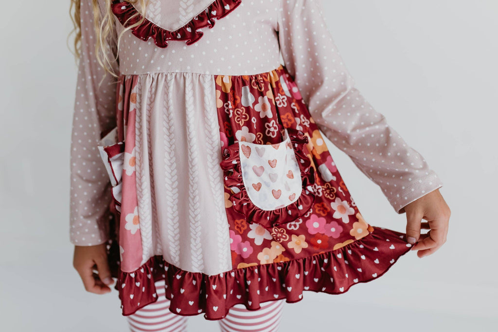 Kids Beige Heart Floral Pocket Bell Bottom Ruffle Pant Set