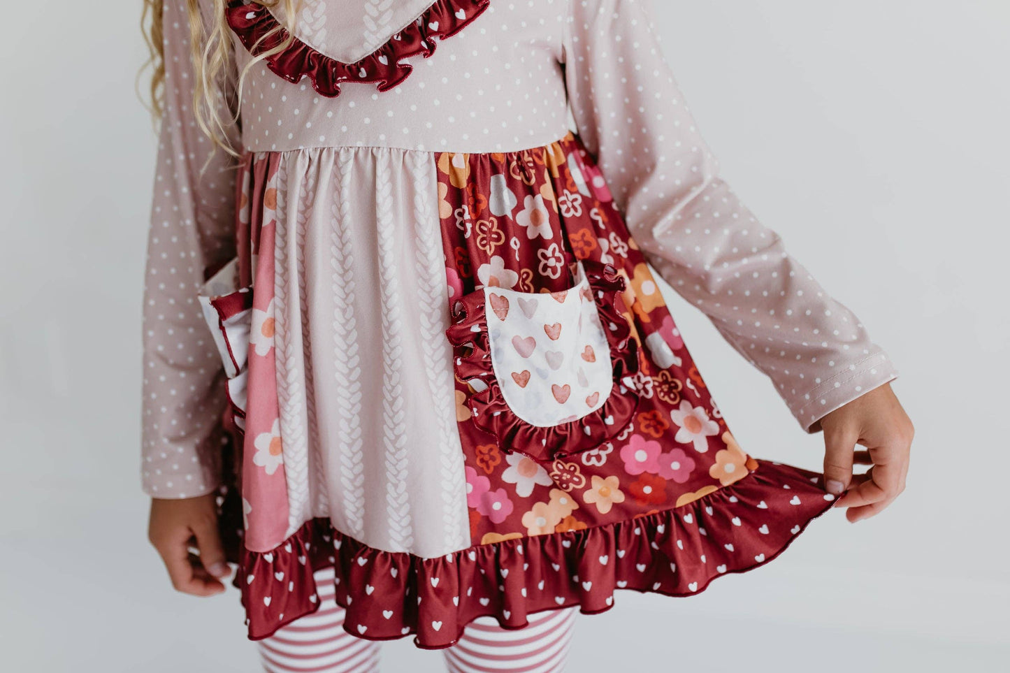 Kids Beige Heart Floral Pocket Bell Bottom Ruffle Pant Set