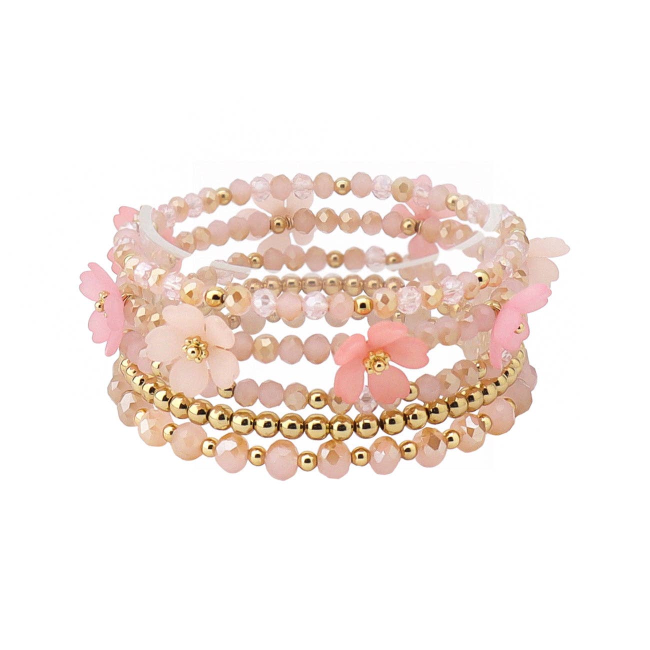 Pink Crystal, Flower, and Gold Set of 5 Stretch Bracelet