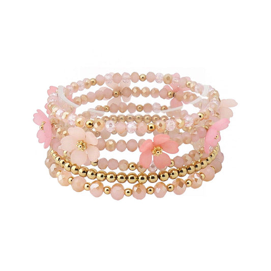 Pink Crystal, Flower, and Gold Set of 5 Stretch Bracelet