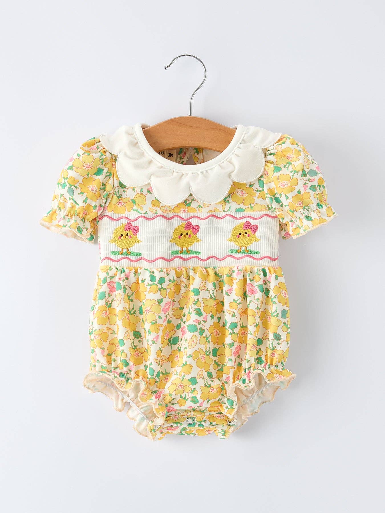 Easter Yellow Chick Embroidery Floral Baby Girl Romper
