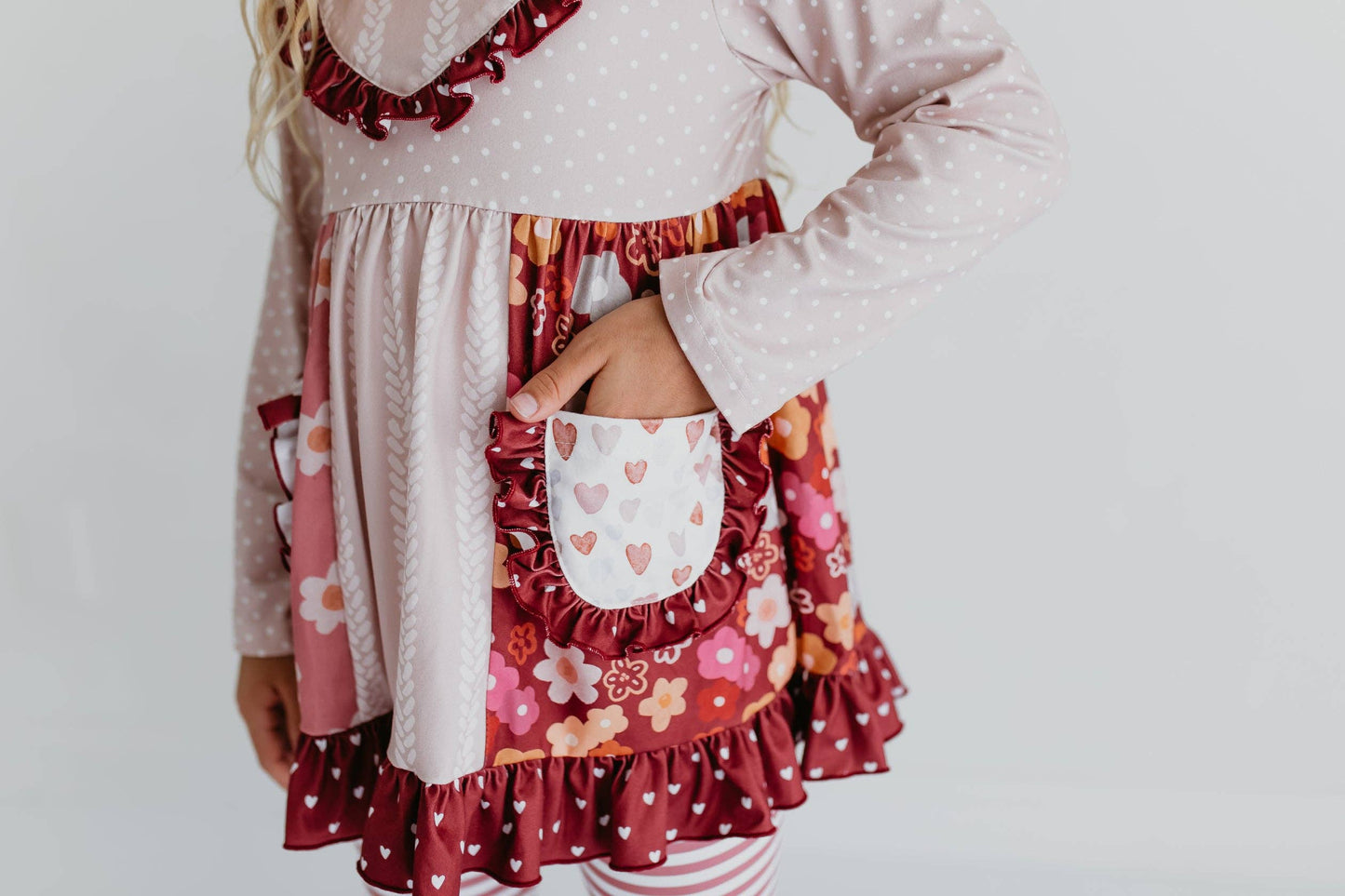 Kids Beige Heart Floral Pocket Bell Bottom Ruffle Pant Set