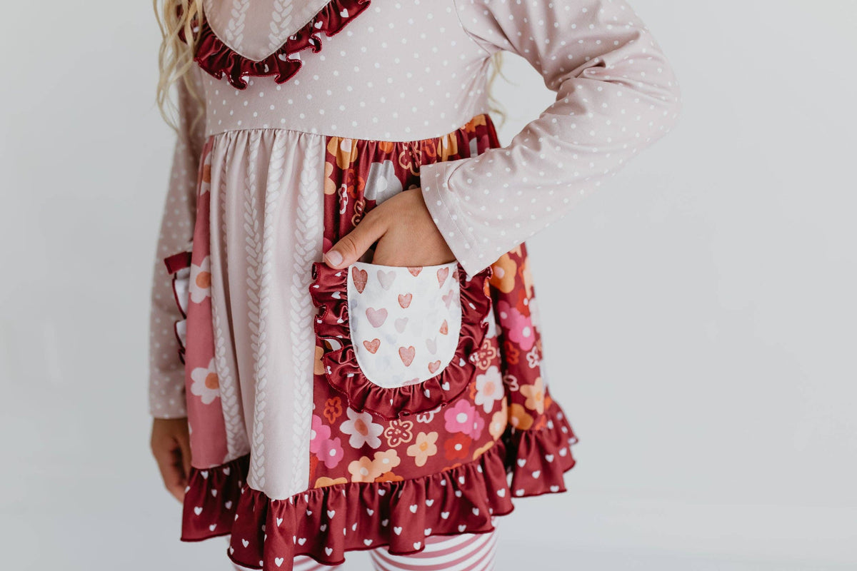 Kids Beige Heart Floral Pocket Bell Bottom Ruffle Pant Set