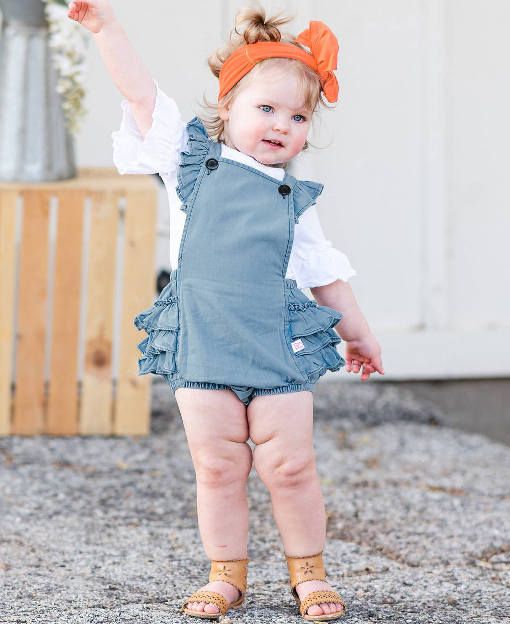Baby Girls Light Wash Denim Woven Flutter Overall Romper