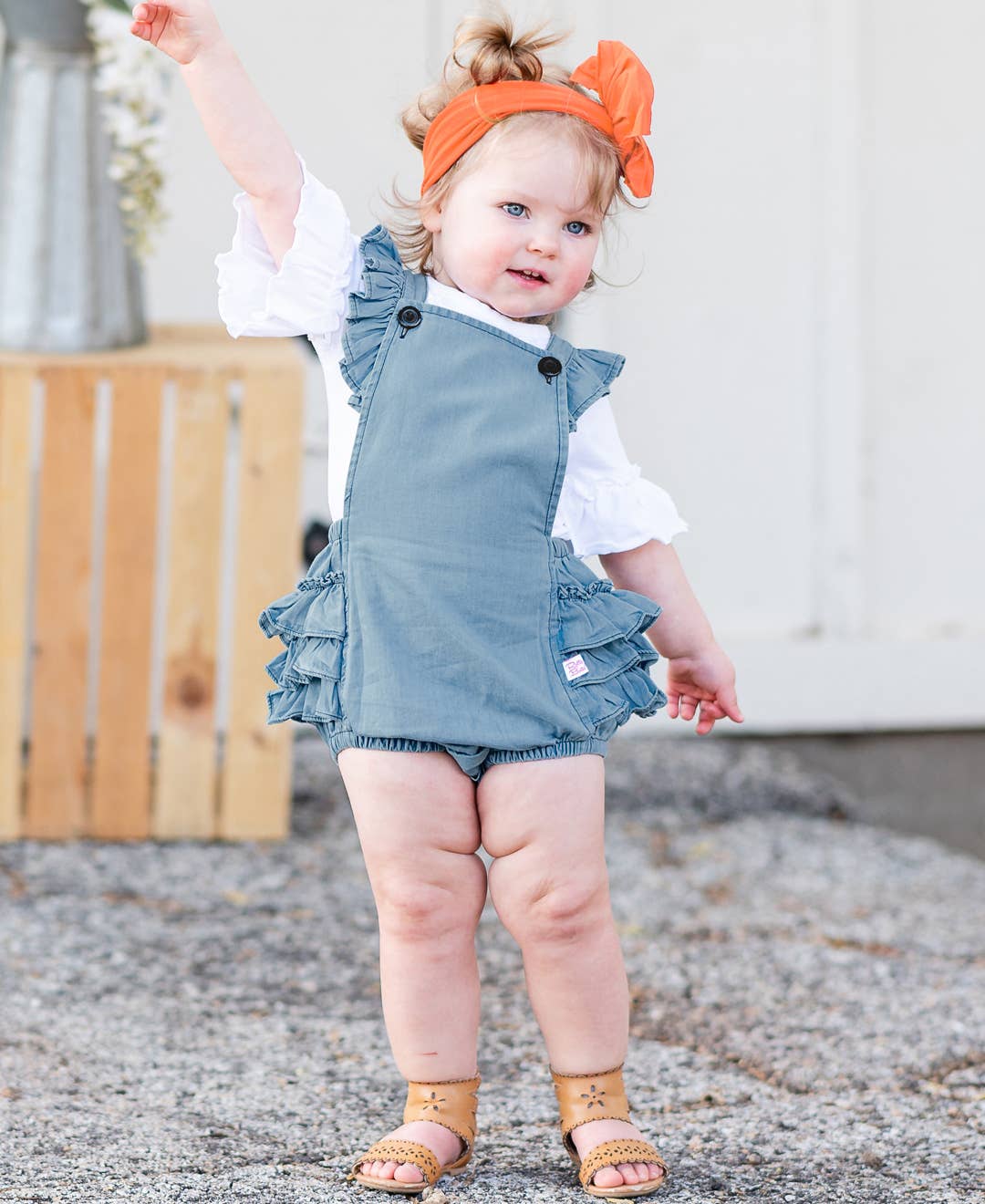 Baby Girls Light Wash Denim Woven Flutter Overall Romper