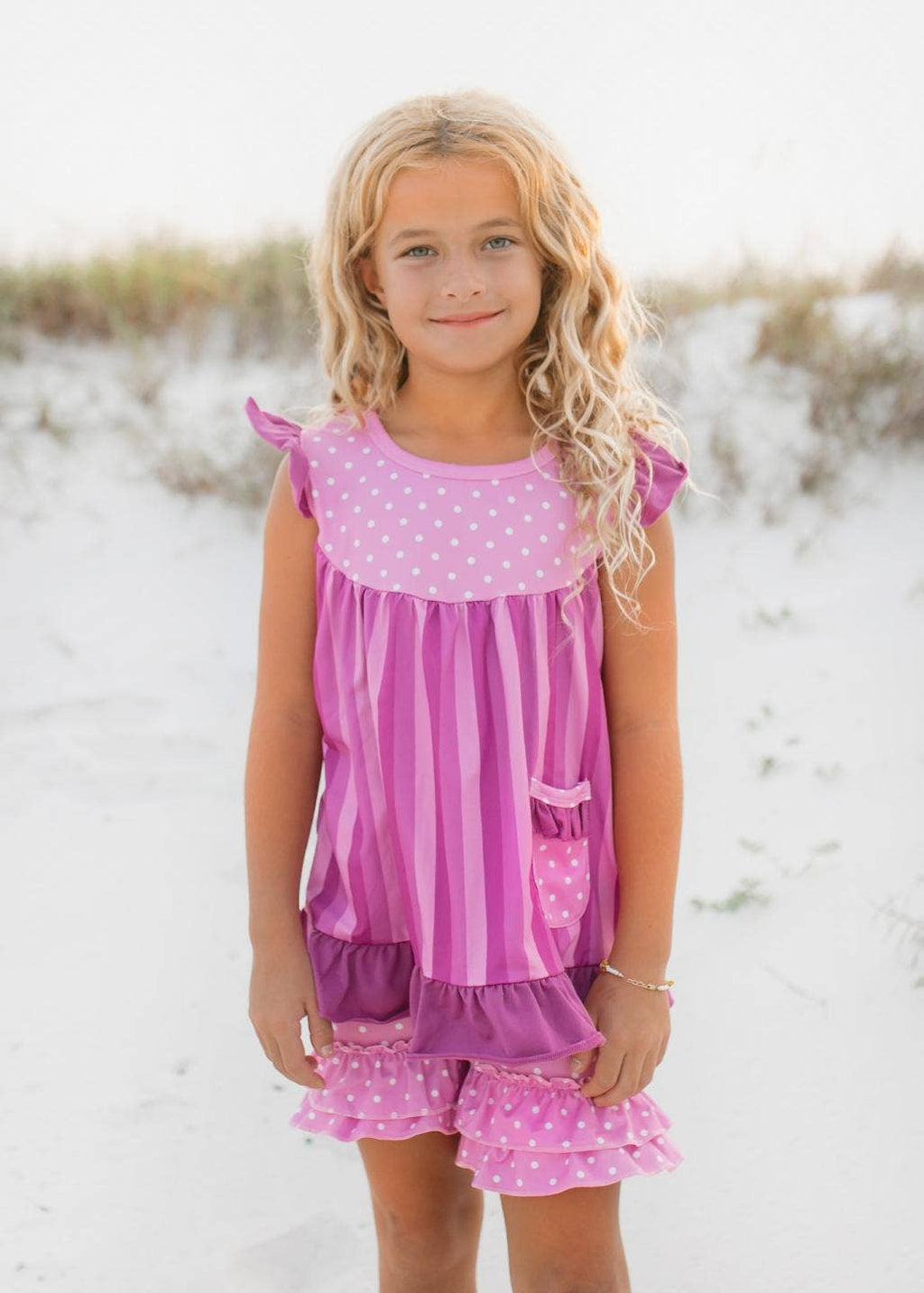 Kids Pink Purple Polka Dot Spring Ruffle Pocket Short Set