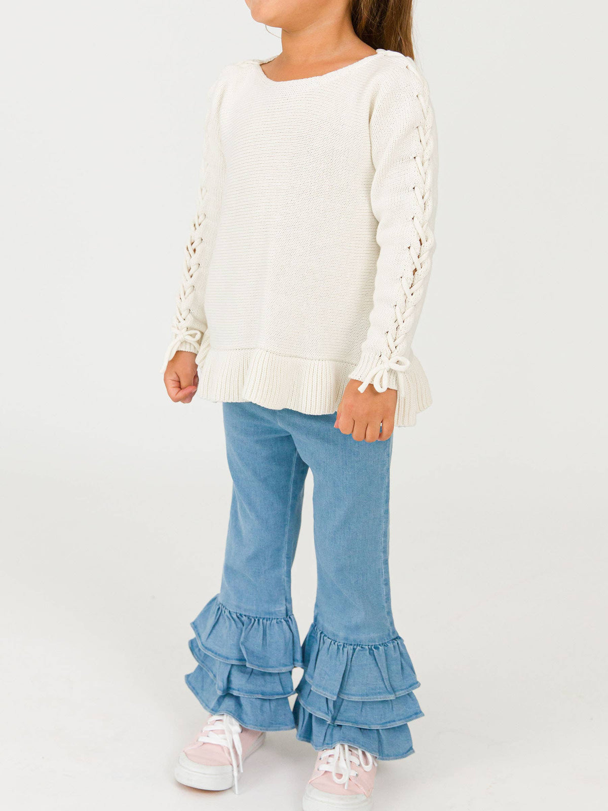 Toddler Girls Light Wash Denim Ruffle Flare Pants with Signature Rear Ruffles