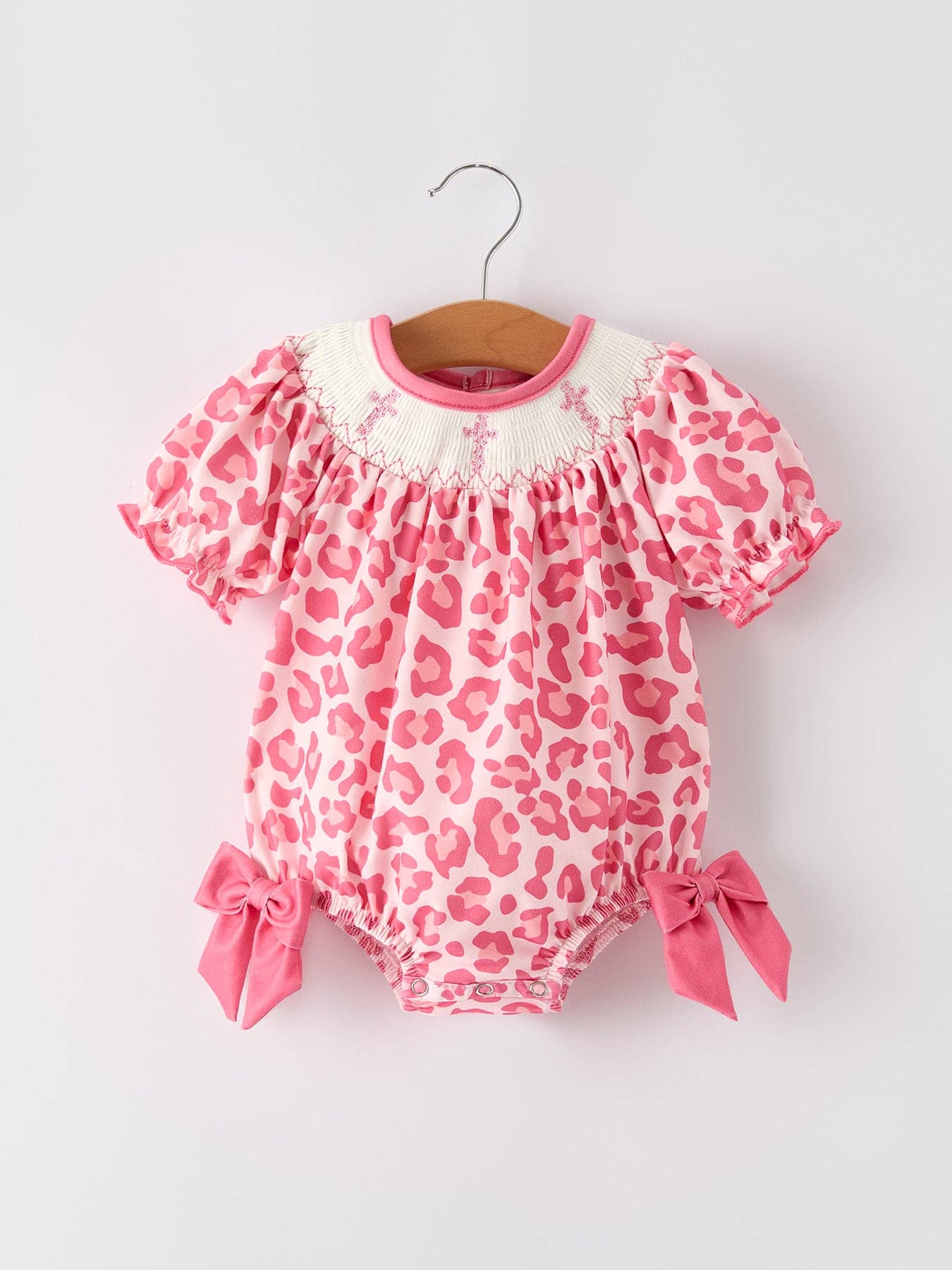 Pink Smocked Church Christ Bishop Christening Leopard Baby Girl Romper