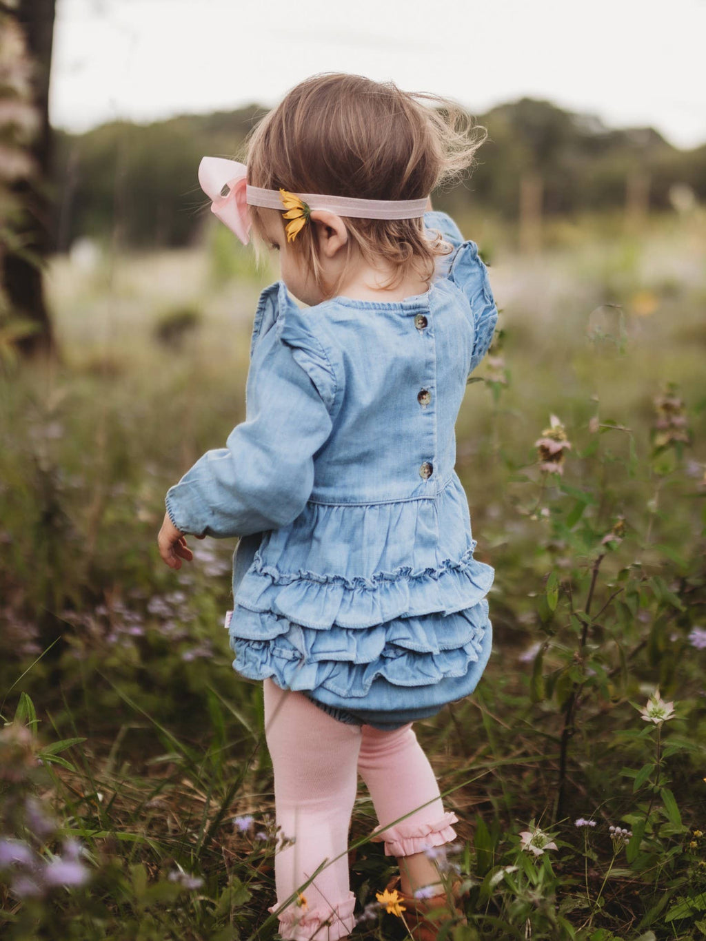 Baby Girls Light Wash Long Sleeve Flutter Bubble Romper