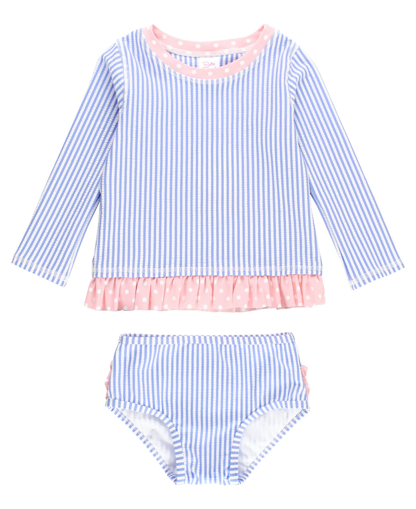 Girls Periwinkle Blue Seersucker Long Sleeve Rash Guard 2-Piece Swimsuit with Signature Rear Ruffles