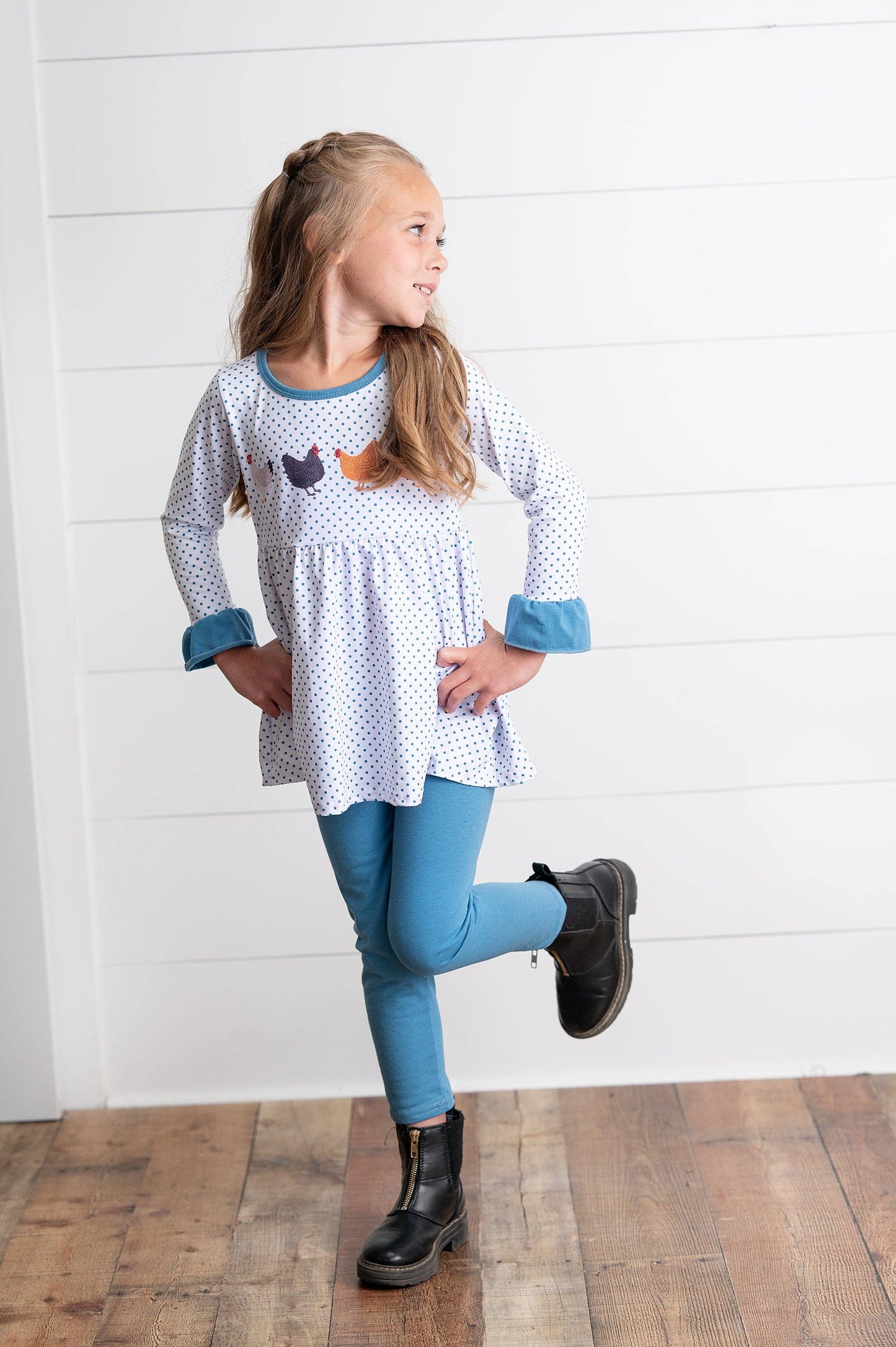 Girls Blue Polka Dot & Chicken Fall Winter Pant Set