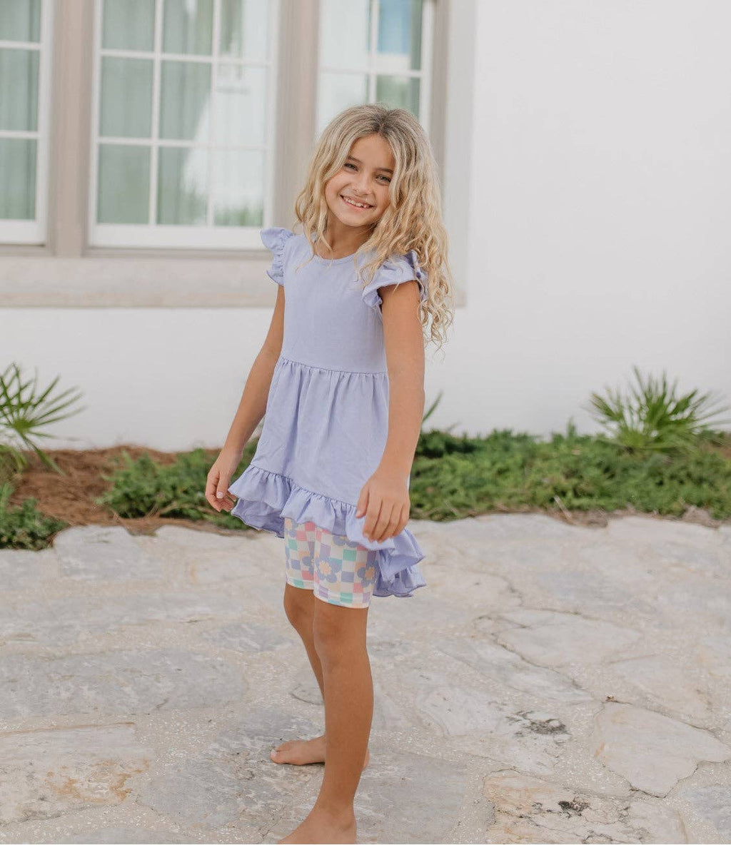 Girls Purple Periwinkle Pastel Spring Check Hi-Lo Short Set