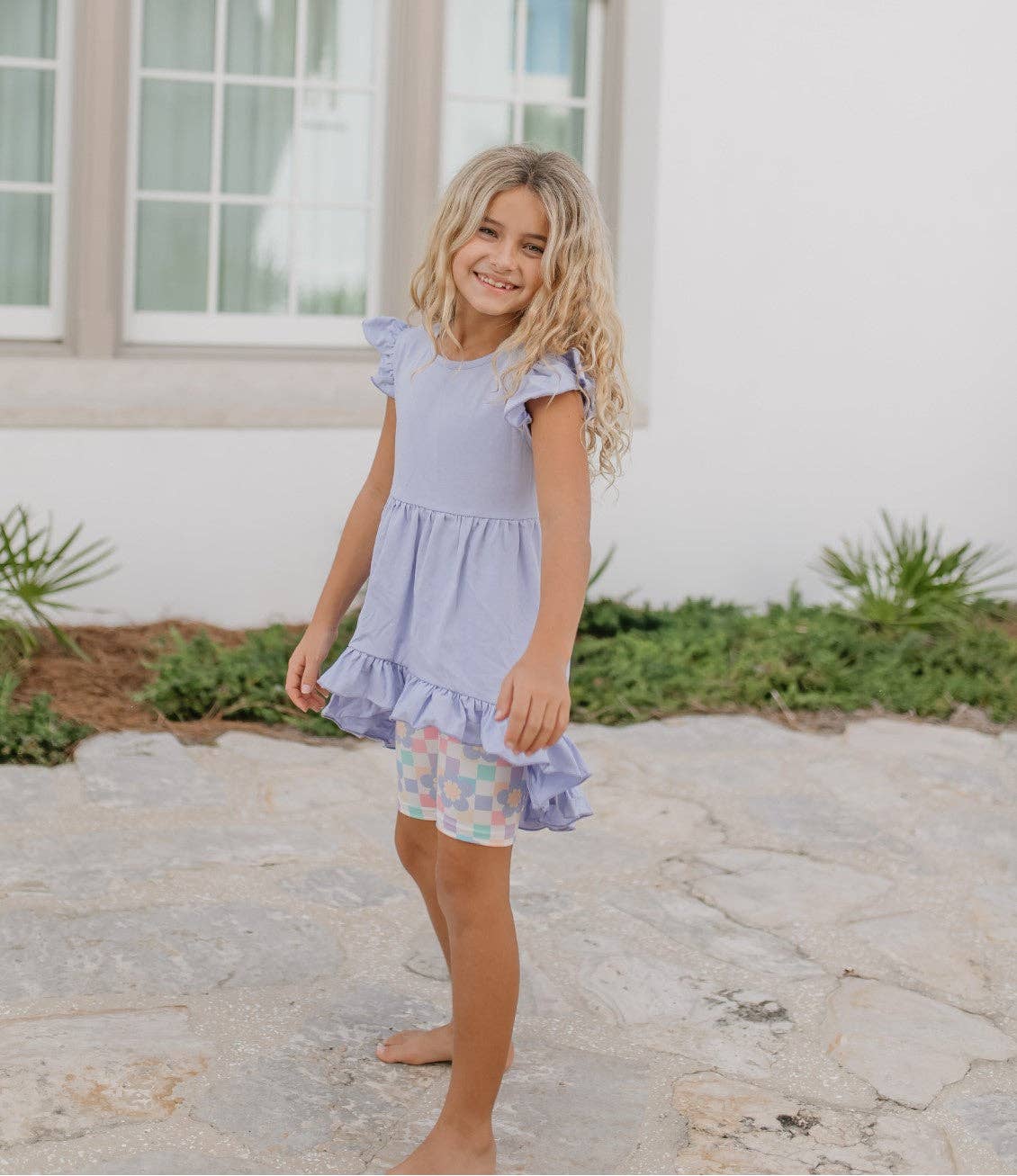 Girls Purple Periwinkle Pastel Spring Check Hi-Lo Short Set