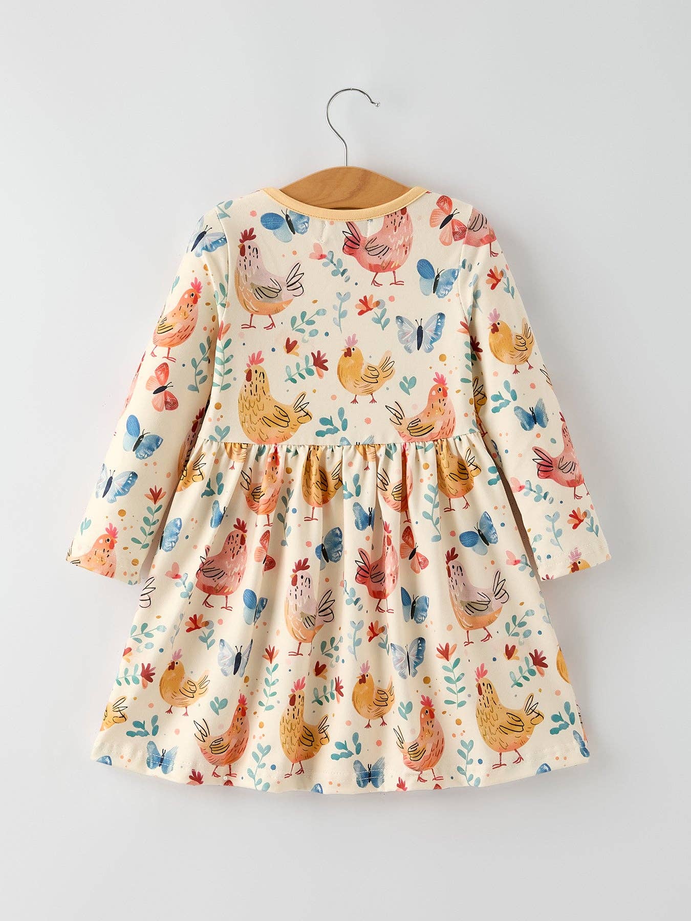 Charming Chicken & Butterfly Girls Dress with Cute Ruffled Pockets
