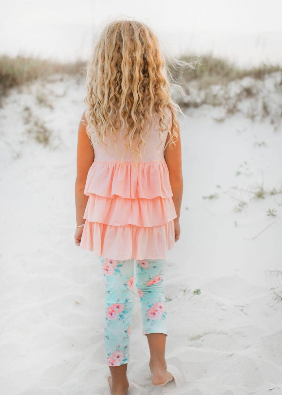 Kids Peach Teal Floral Tiered Ruffle Button Spring Set