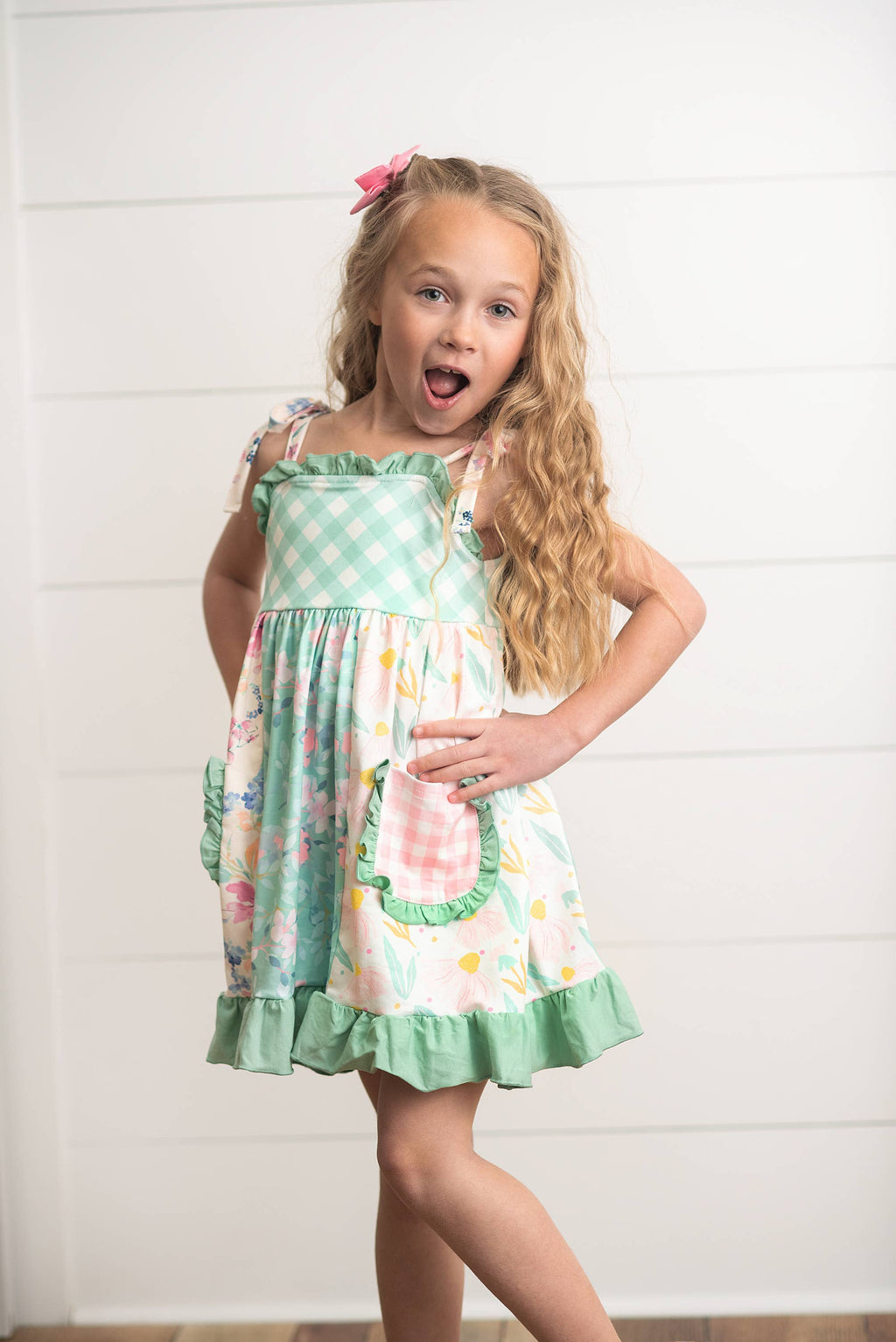 Girls Mint Gingham Ruffle Pocket Spring Easter Summer Dress